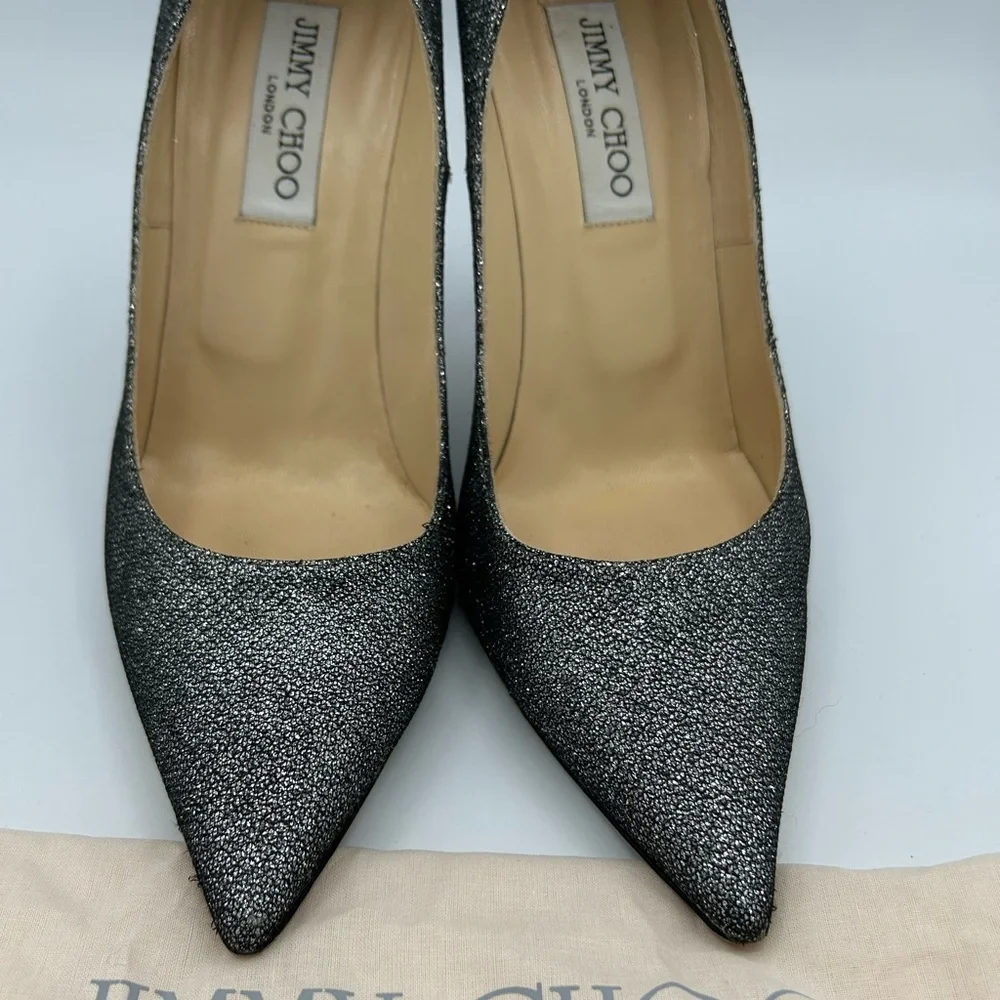 Jimmy Choo Sz 38.5 Shoes Silver Grey Glitter Women's Heels - Picture 5 of 11